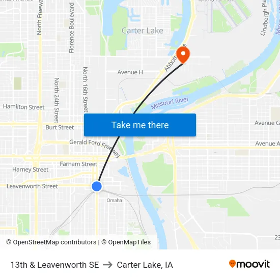 13th & Leavenworth SE to Carter Lake, IA map