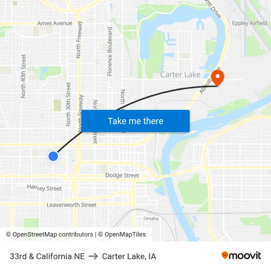 33rd & California NE to Carter Lake, IA map