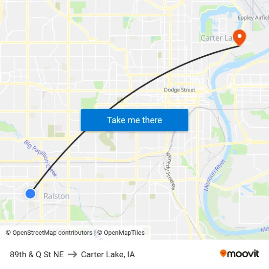 89th & Q St NE to Carter Lake, IA map