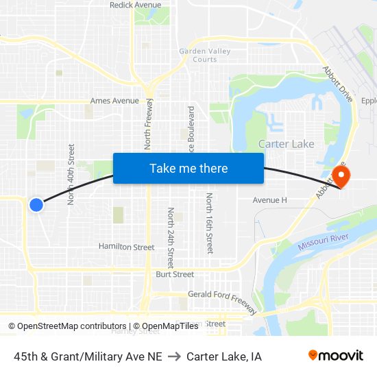 45th & Grant/Military Ave NE to Carter Lake, IA map