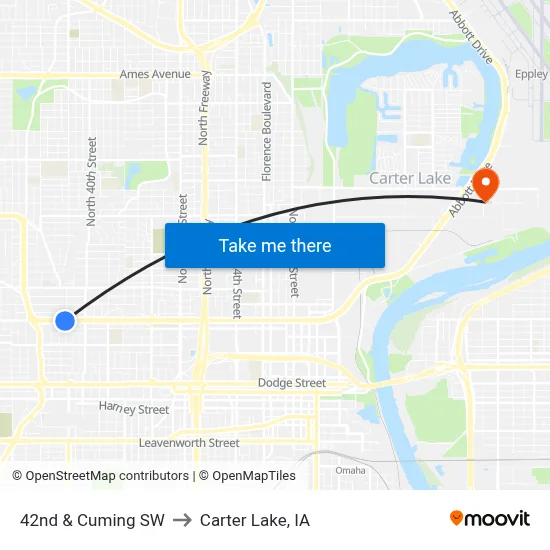 42nd & Cuming SW to Carter Lake, IA map