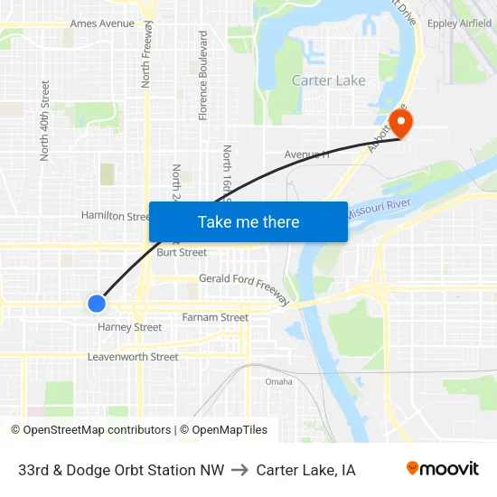 33rd & Dodge Orbt Station NW to Carter Lake, IA map