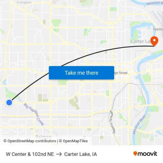 W Center & 102nd NE to Carter Lake, IA map