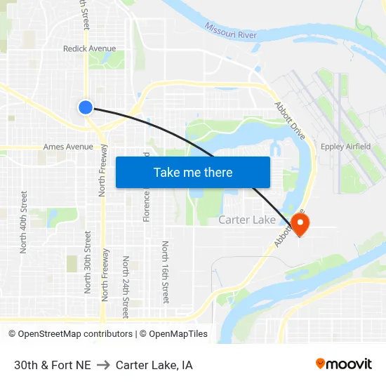 30th & Fort NE to Carter Lake, IA map