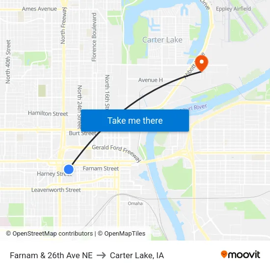 Farnam & 26th Ave NE to Carter Lake, IA map