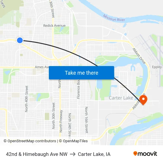 42nd & Himebaugh Ave NW to Carter Lake, IA map