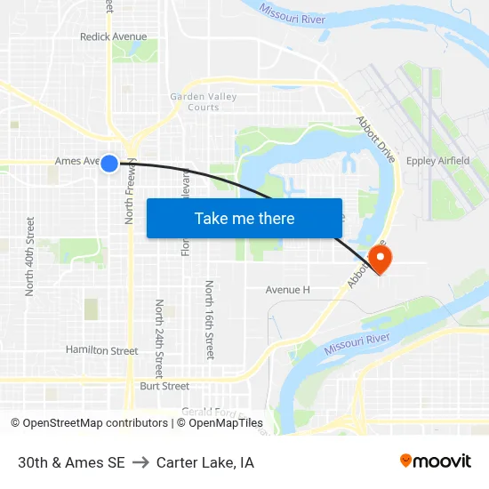 30th & Ames SE to Carter Lake, IA map
