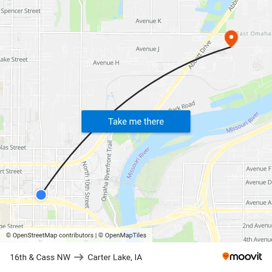 16th & Cass NW to Carter Lake, IA map