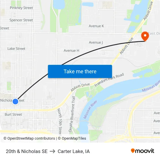 20th & Nicholas SE to Carter Lake, IA map