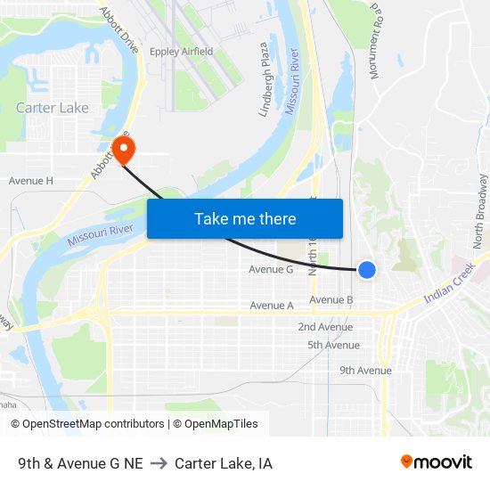 9th & Avenue G NE to Carter Lake, IA map