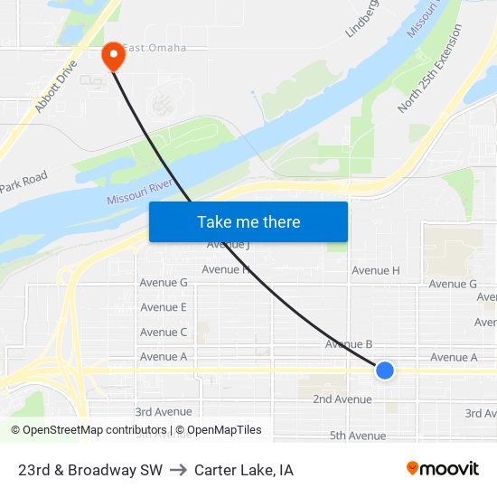 23rd & Broadway SW to Carter Lake, IA map