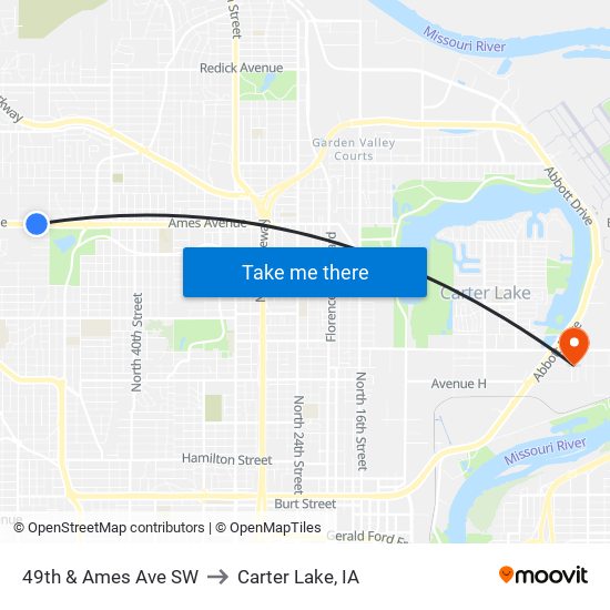 49th & Ames Ave SW to Carter Lake, IA map