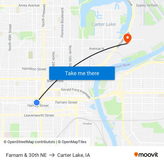 Farnam & 30th NE to Carter Lake, IA map