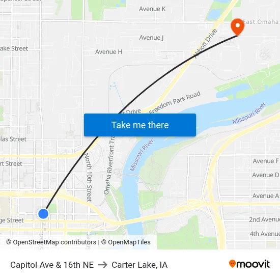 Capitol Ave & 16th NE to Carter Lake, IA map