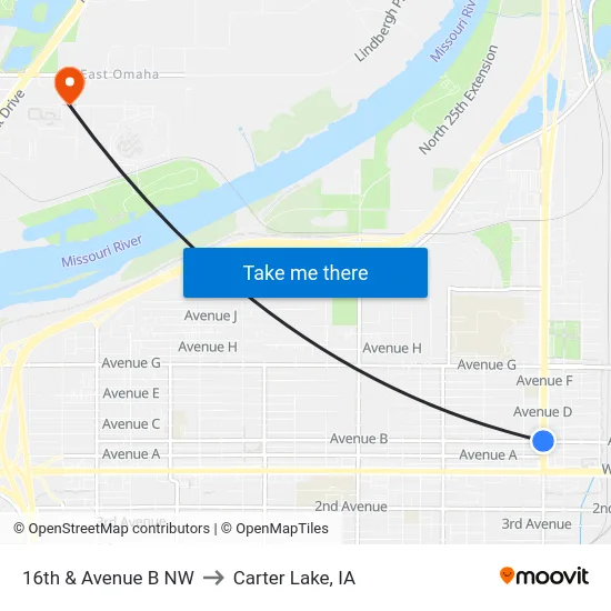 16th & Avenue B NW to Carter Lake, IA map
