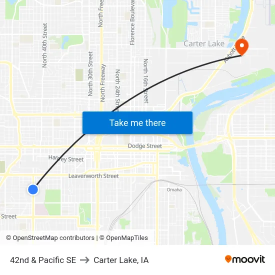 42nd & Pacific SE to Carter Lake, IA map