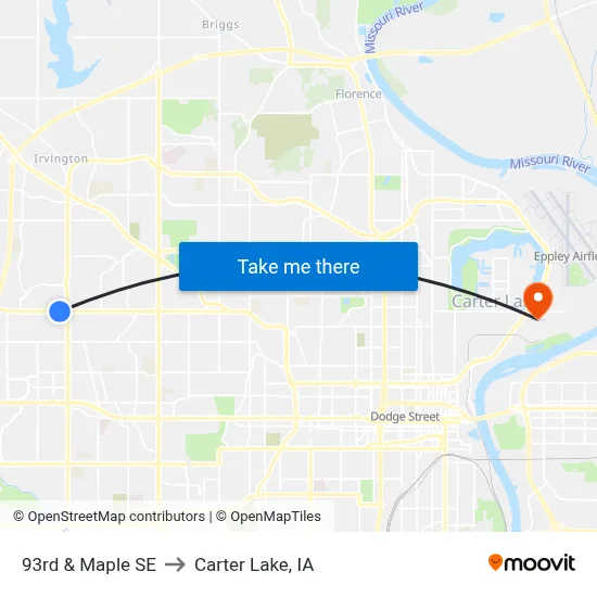 93rd & Maple SE to Carter Lake, IA map