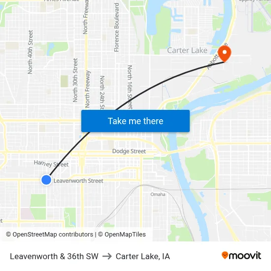 Leavenworth & 36th SW to Carter Lake, IA map