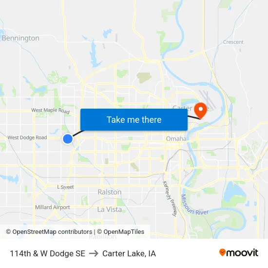 114th & W Dodge SE to Carter Lake, IA map