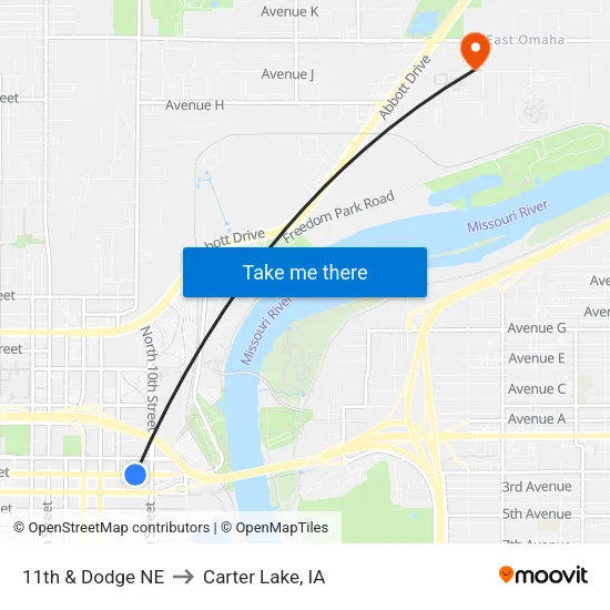 11th & Dodge NE to Carter Lake, IA map