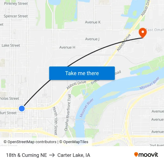 18th & Cuming NE to Carter Lake, IA map