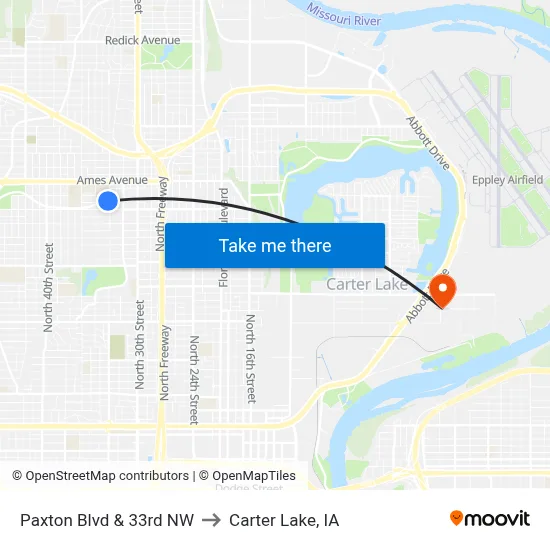 Paxton Blvd & 33rd NW to Carter Lake, IA map