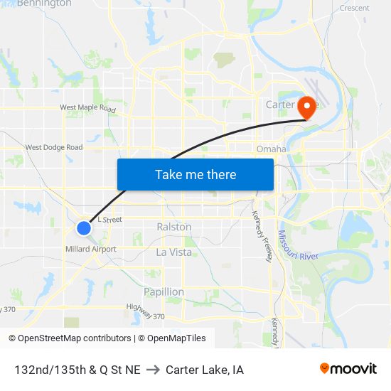 132nd/135th & Q St NE to Carter Lake, IA map