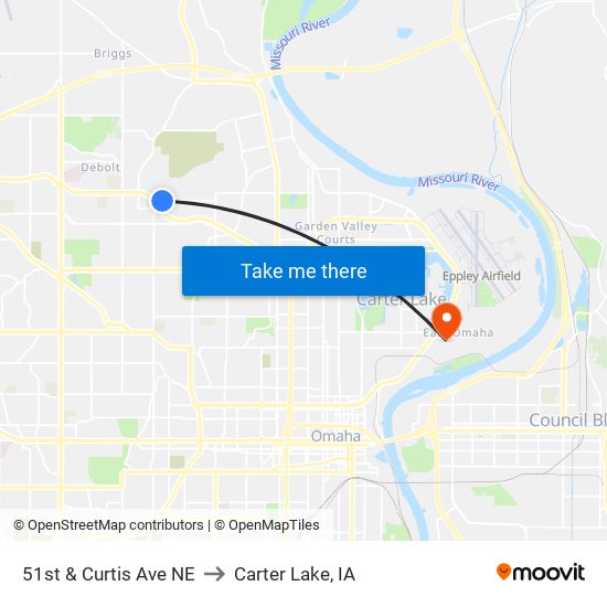 51st & Curtis Ave NE to Carter Lake, IA map