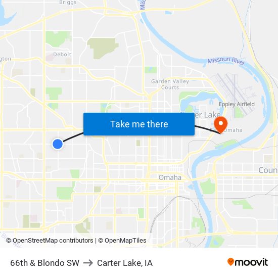 66th & Blondo SW to Carter Lake, IA map