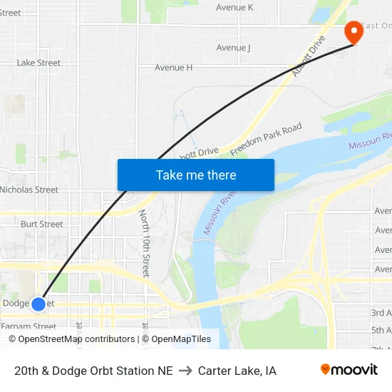 20th & Dodge Orbt Station NE to Carter Lake, IA map
