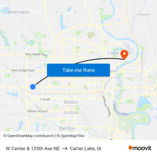 W Center & 135th Ave NE to Carter Lake, IA map