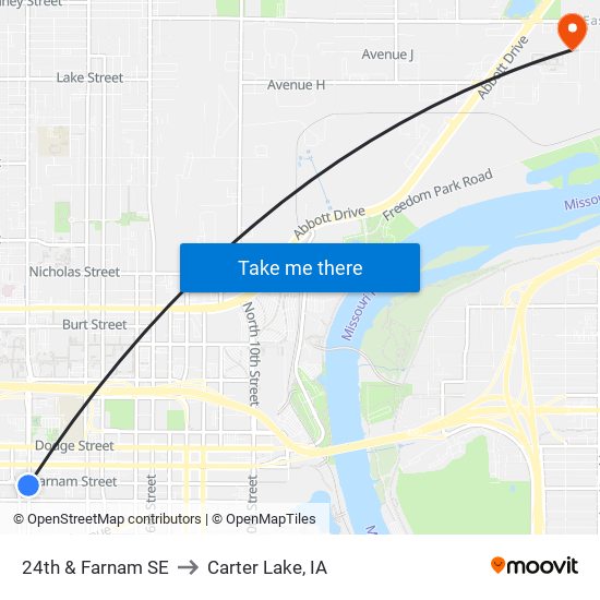 24th & Farnam SE to Carter Lake, IA map