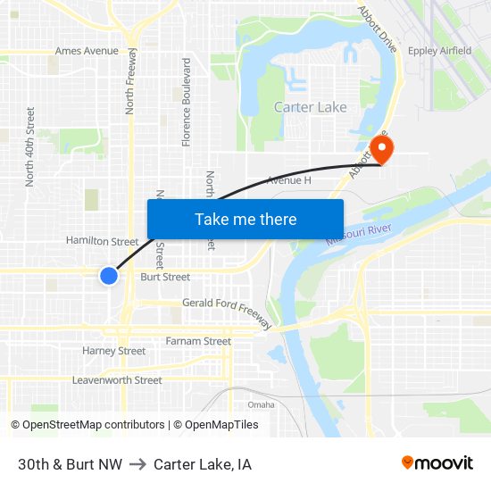 30th & Burt NW to Carter Lake, IA map