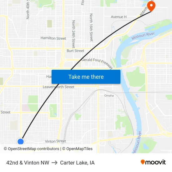 42nd & Vinton NW to Carter Lake, IA map