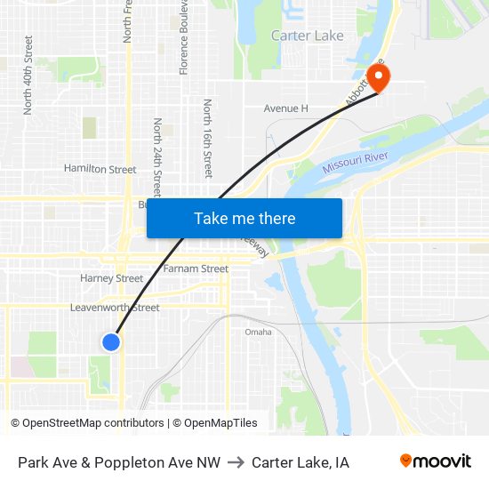 Park Ave & Poppleton Ave NW to Carter Lake, IA map