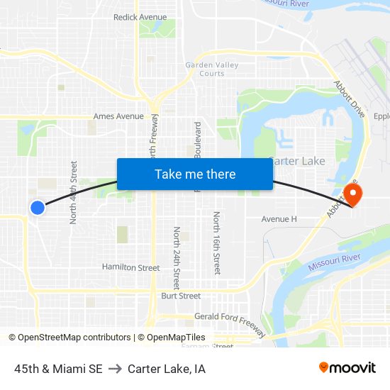 45th & Miami SE to Carter Lake, IA map