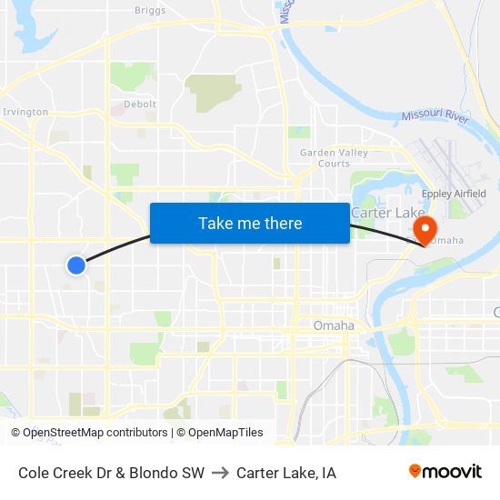 Cole Creek Dr & Blondo SW to Carter Lake, IA map