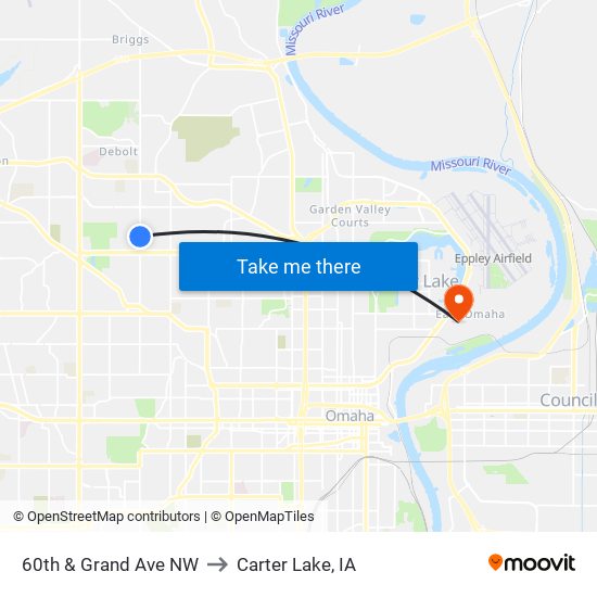 60th & Grand Ave NW to Carter Lake, IA map