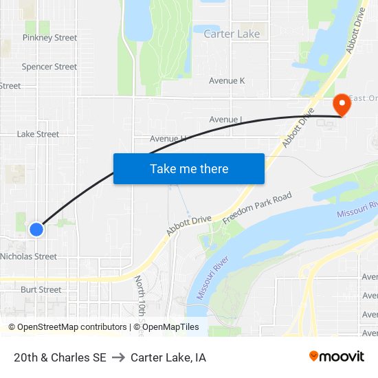 20th & Charles SE to Carter Lake, IA map