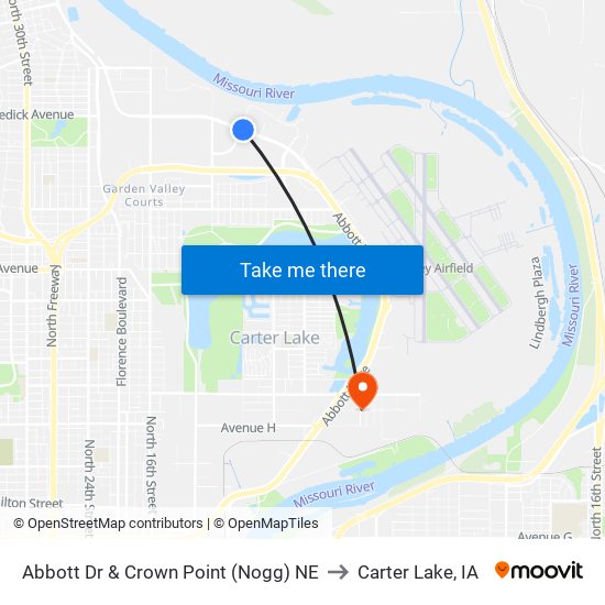 Abbott Dr & Crown Point (Nogg) NE to Carter Lake, IA map