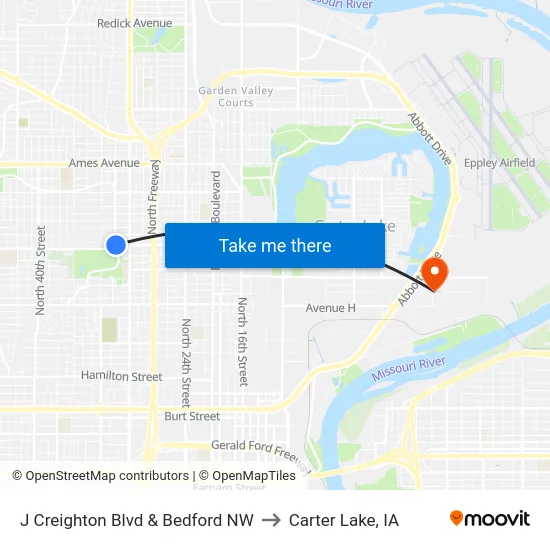 J Creighton Blvd & Bedford NW to Carter Lake, IA map
