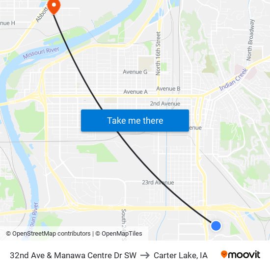 32nd Ave & Manawa Centre Dr SW to Carter Lake, IA map