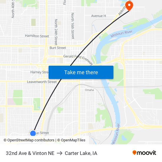 32nd Ave & Vinton NE to Carter Lake, IA map