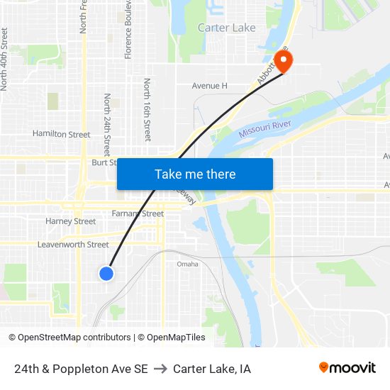 24th & Poppleton Ave SE to Carter Lake, IA map