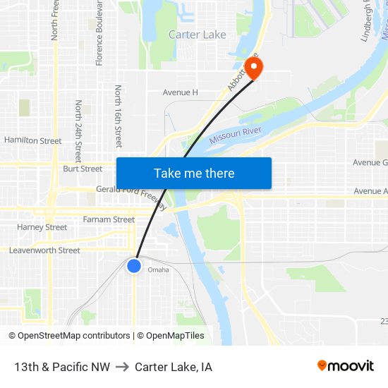 13th & Pacific NW to Carter Lake, IA map