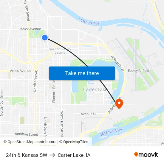 24th & Kansas SW to Carter Lake, IA map