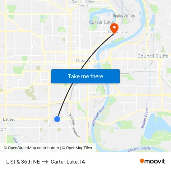 L St & 36th NE to Carter Lake, IA map