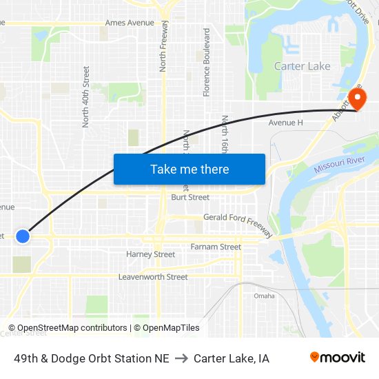 49th & Dodge Orbt Station NE to Carter Lake, IA map