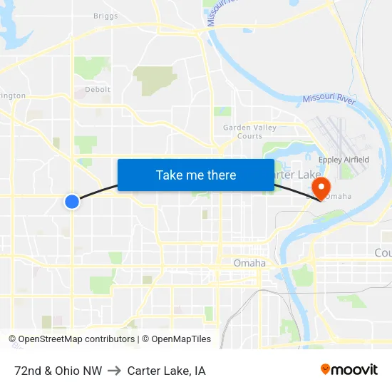 72nd & Ohio NW to Carter Lake, IA map