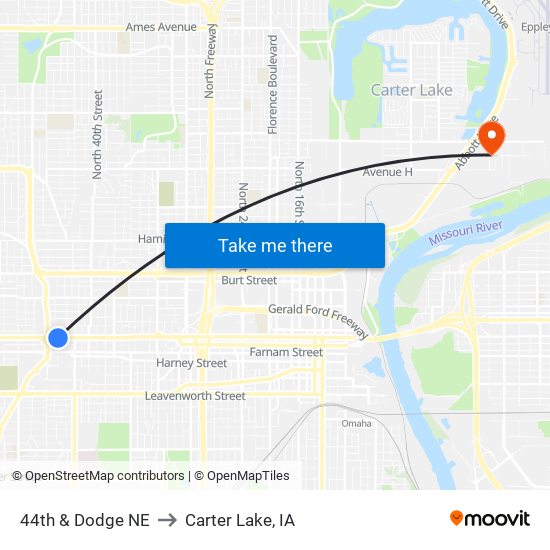 44th & Dodge NE to Carter Lake, IA map